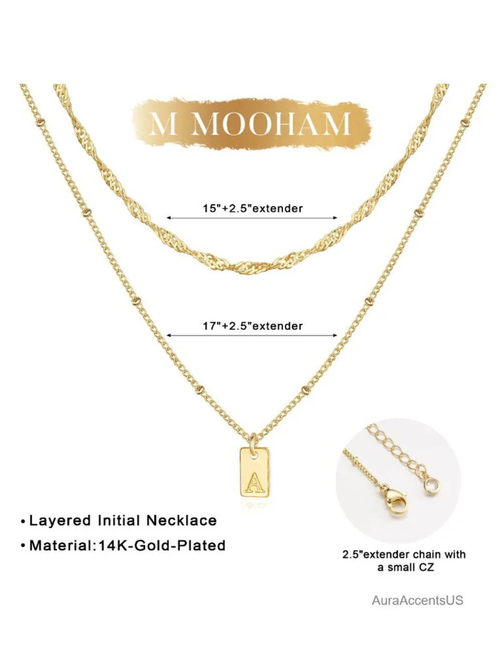 Layered Initial Necklace 14K Gold Plated Pendant Women